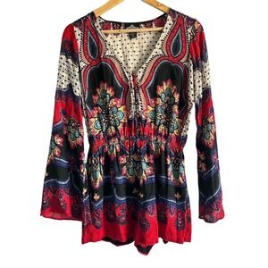 Angie‎ Women’s Size Small Boho V Neck Bell Sleeve Paisley Jumpsuit Romper